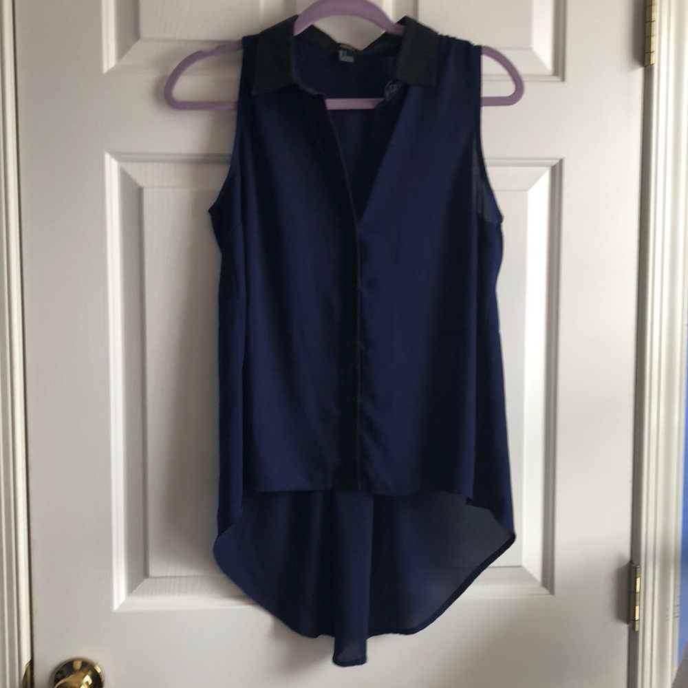 Tank Button Down Blouse w/  faux leather collar
